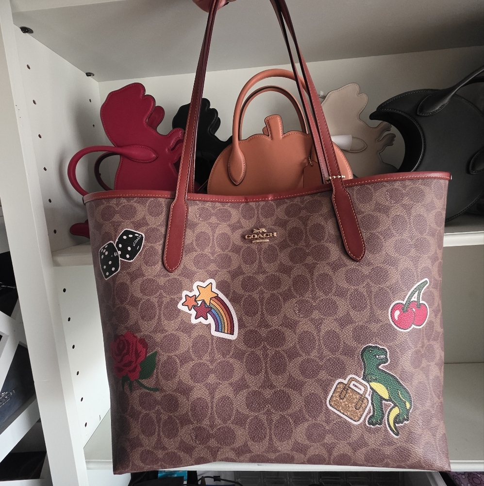 Coach Brown Tote with Red Handles and Fun Patches